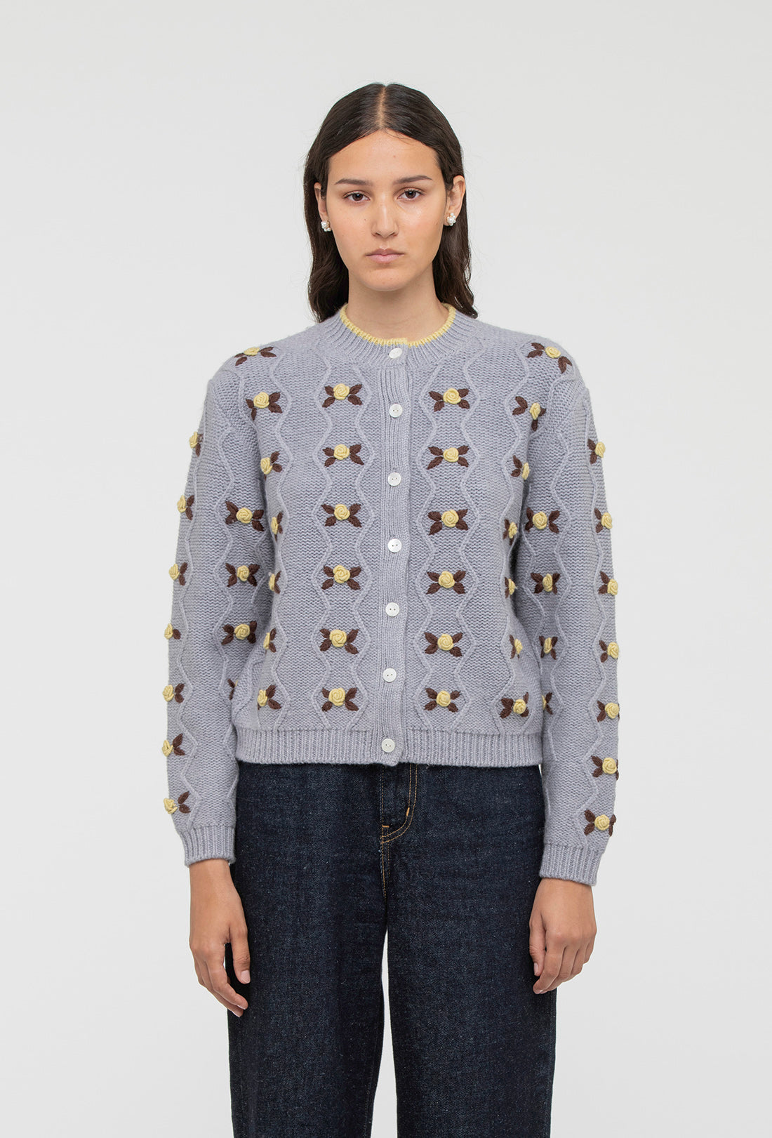 Bloom Cardigan - Pale Grey/Dusty Yellow - Image 3