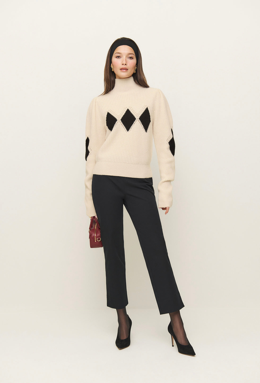 Shrimps x Reformation Diamond Cashmere Turtleneck - Cream/Black - Image 5