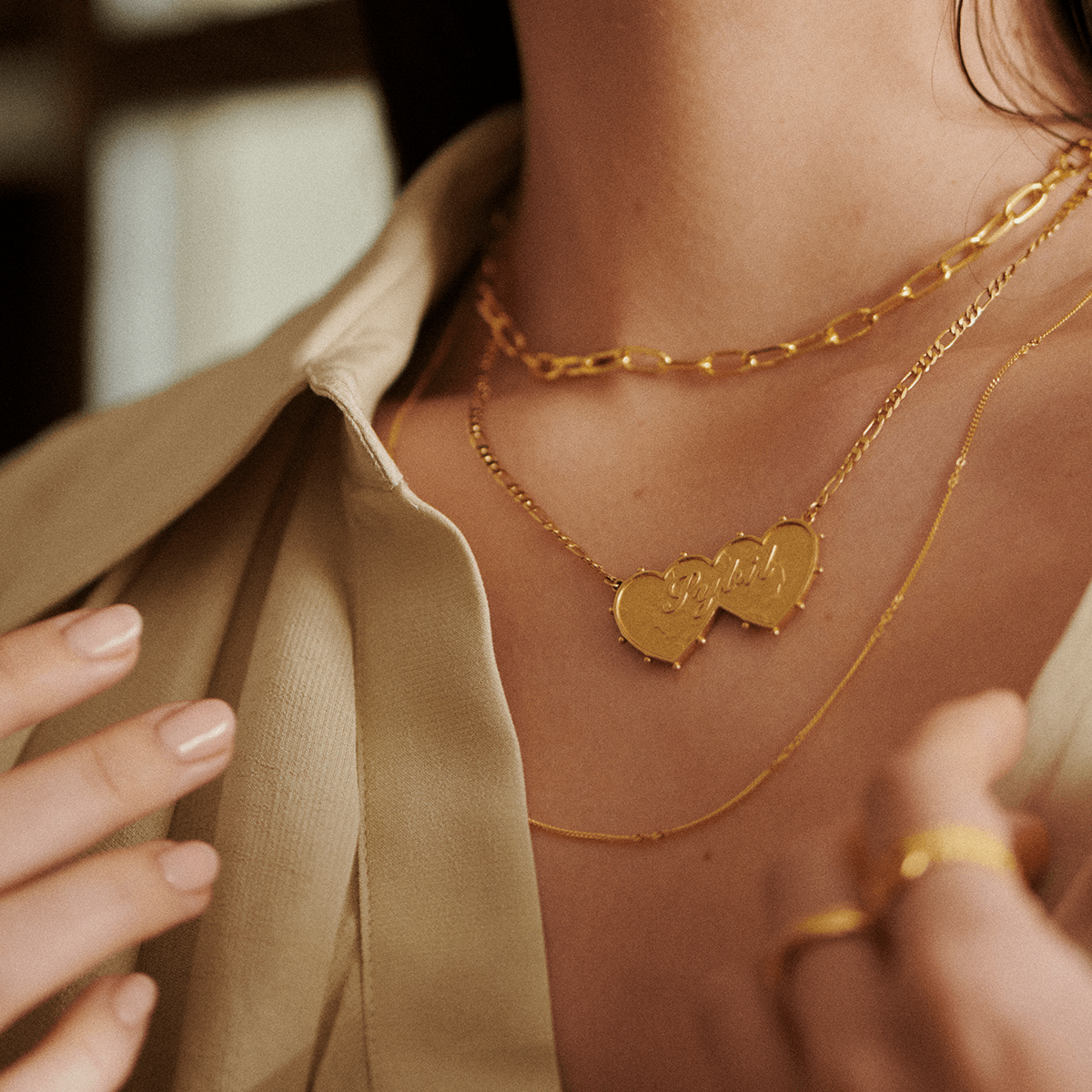 Shrimps Double Heart Personalised Necklace 18ct Gold Plate - Image 2
